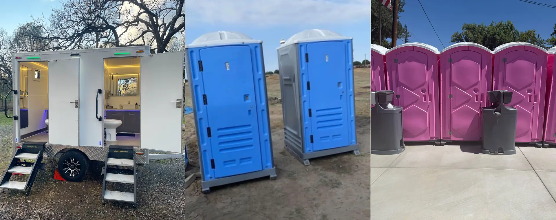 Restroom trailer, blue standard porta potties and pink event units with hand wash stations